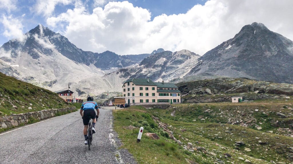 Cyclist near the summit of the Passo di Gavia