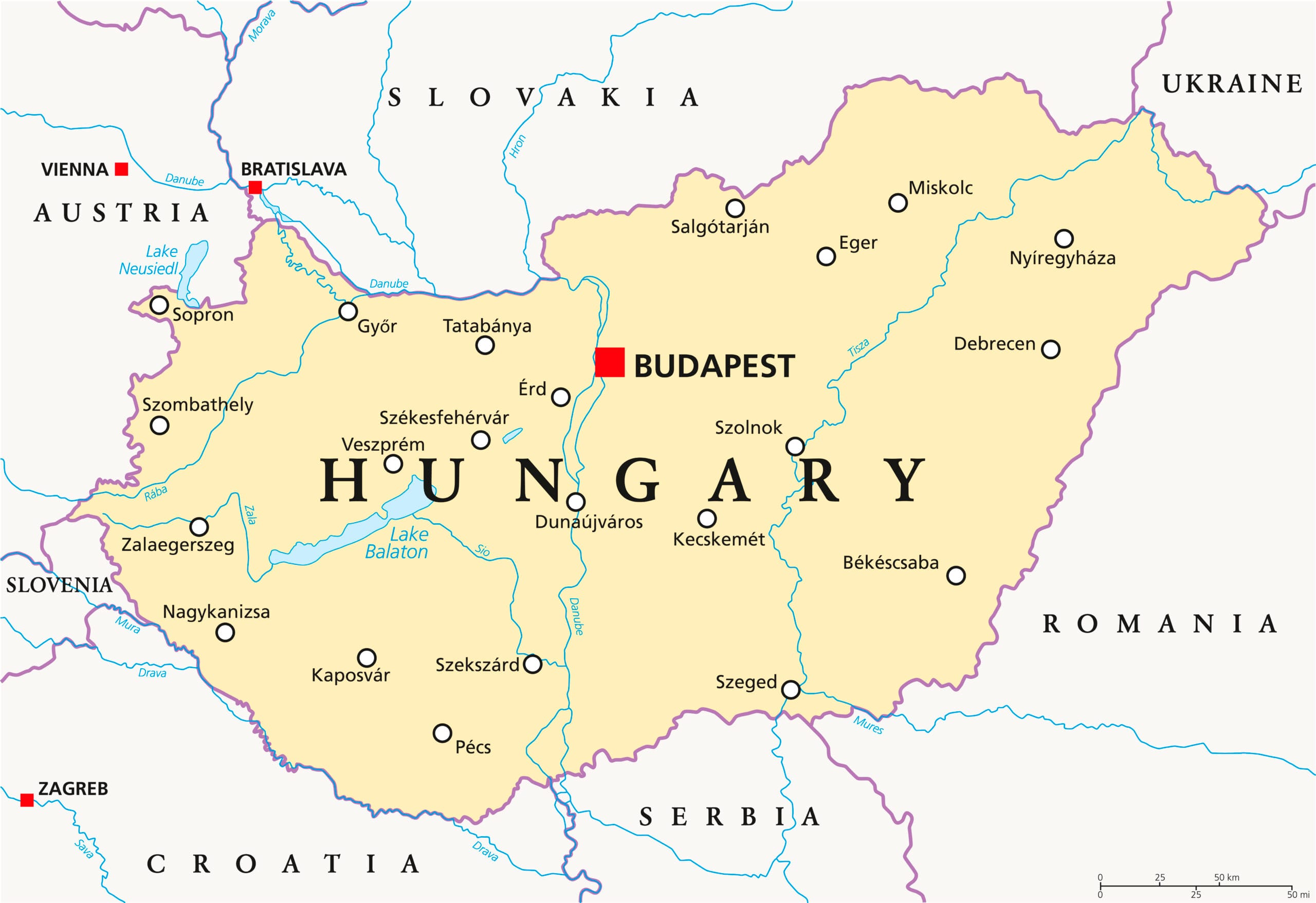 Hungary political map with capital Budapest, national borders, important cities, rivers and lakes