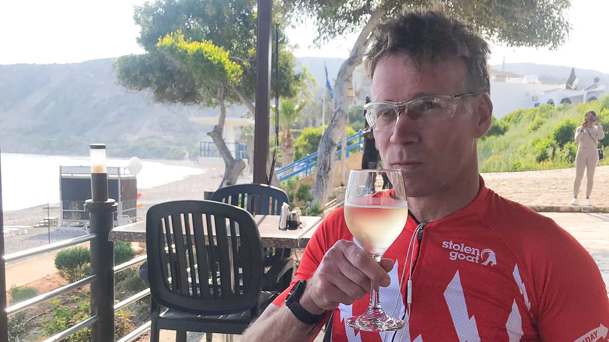 Cyclist drinking wine, Cyprus