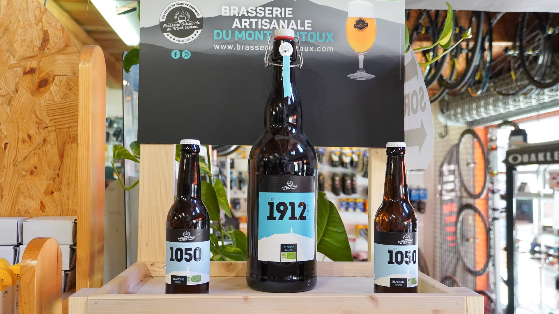 Bottles of local craft beer at a bike shop near Mont Ventoux
