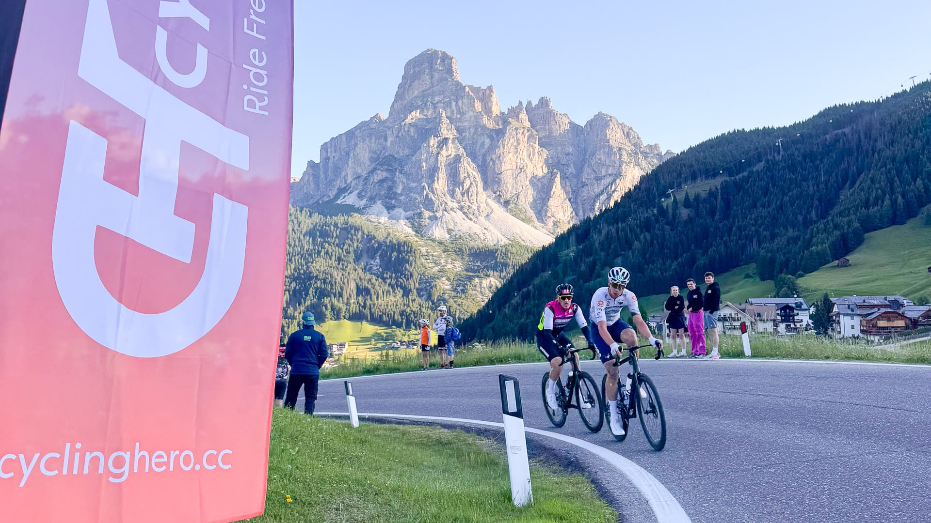 Maratona branding at Passo Campolongo with Sassongher and Corvara in the Dolomites