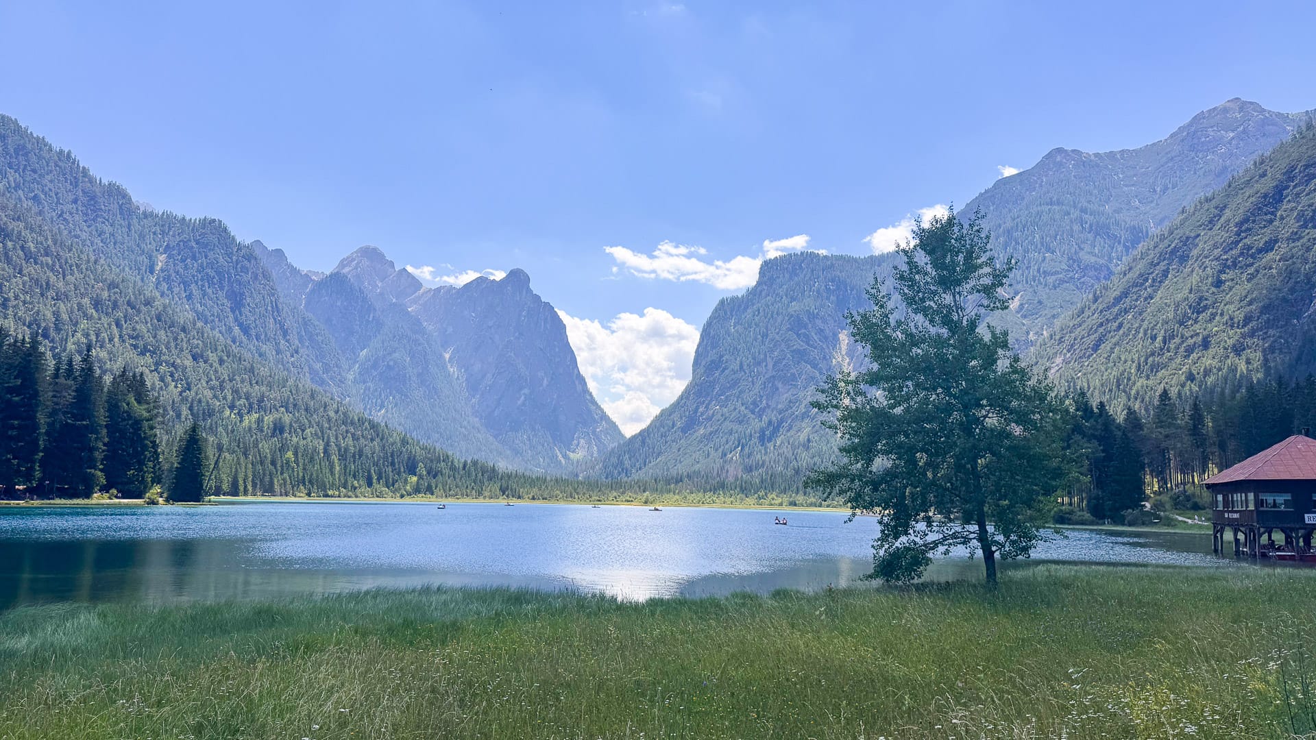 View of Lago di Dobbiaco in the Dolomites