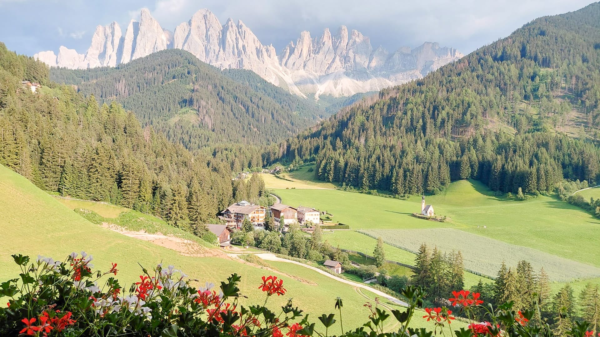 Panoramic view of the Odle mountains near Santa Magdalena in the Dolomites