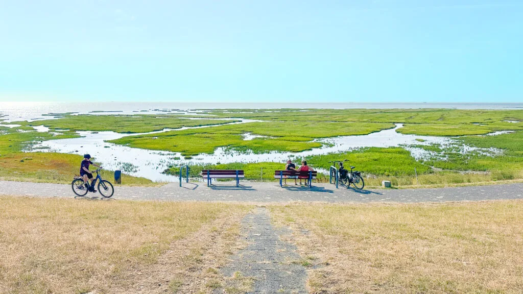 Cycling past resting cyclists in Friesland