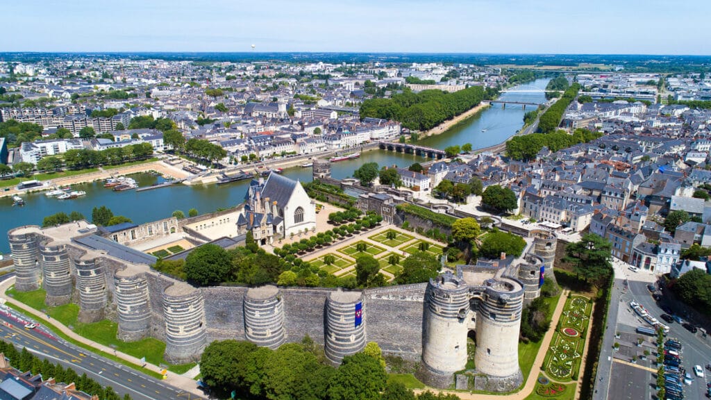 Aerial photography of Angers castle of the dukes of Anjou in Maine et Loire, France
