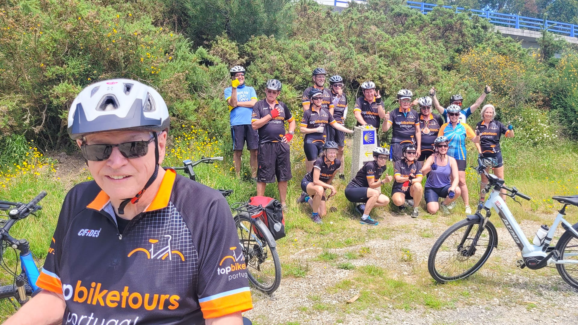 Group of cyclists posing beside a Camino Francés sign