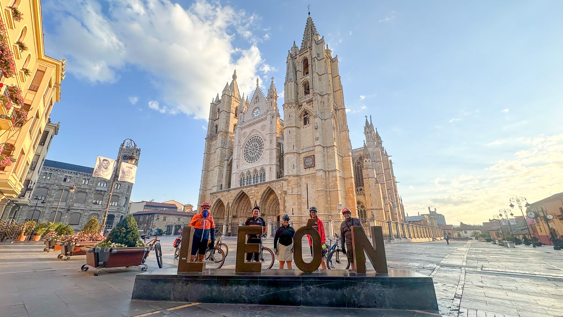 Top Bike Tours Portugal cyclists in front of León Cathedral