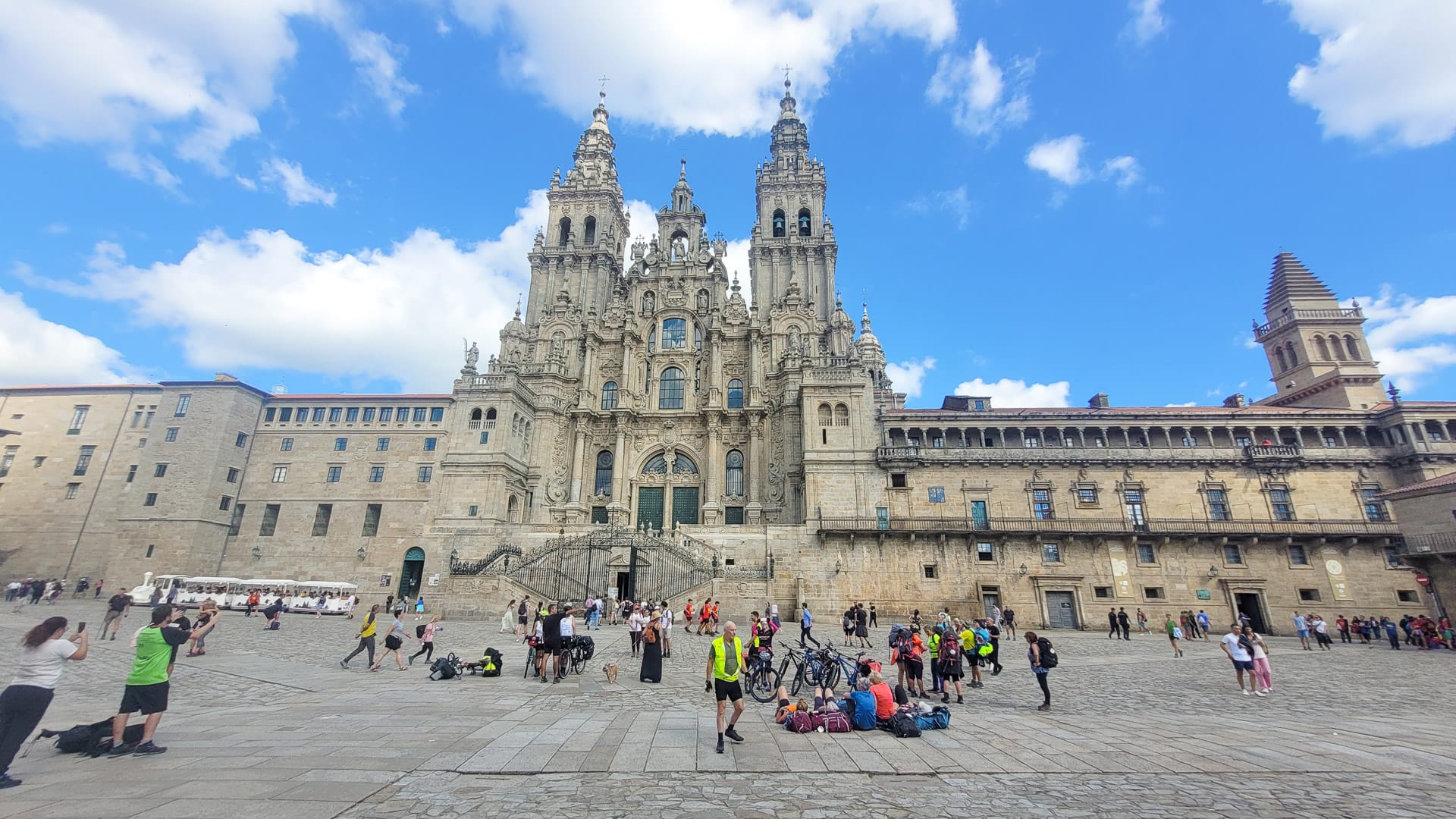 Top Bike Tours Portugal cyclists at the Santiago de Compostela Cathedral