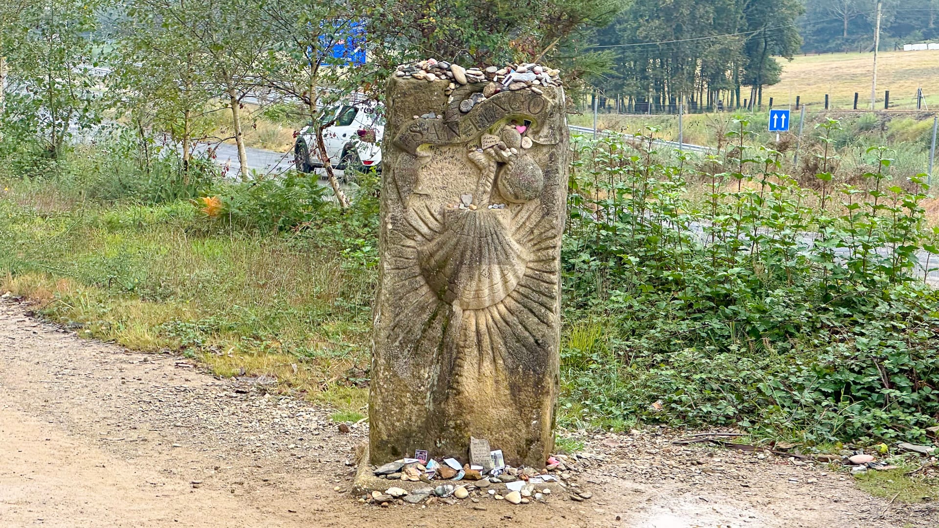 Stone milestone along the pilgrimage route in Galicia