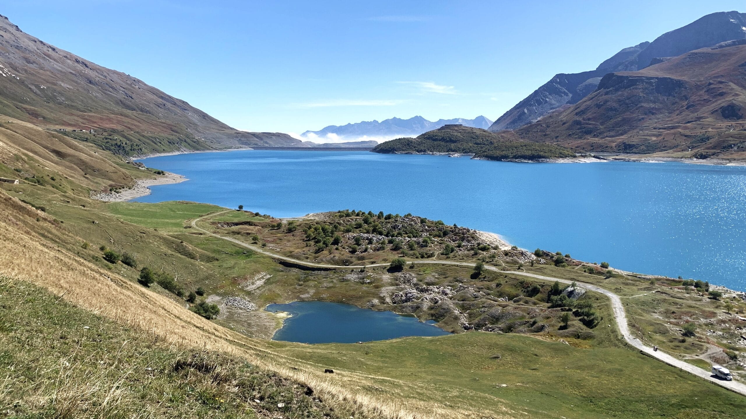 Mont Cenis Lake, a reward for the Col du Mont Cenis Climb, French Alps.