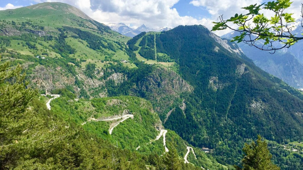 View of Alpe d'Huez on La Marmotte gran fondo route