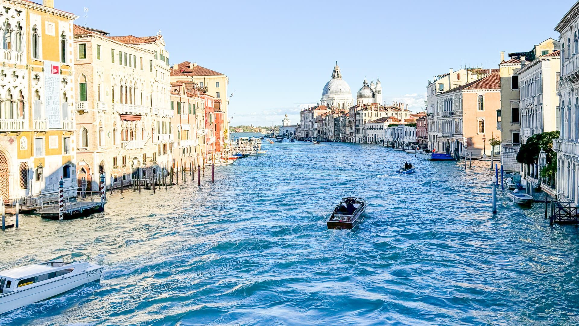 The Grand Canal in Venice with historic palaces and boats on the water