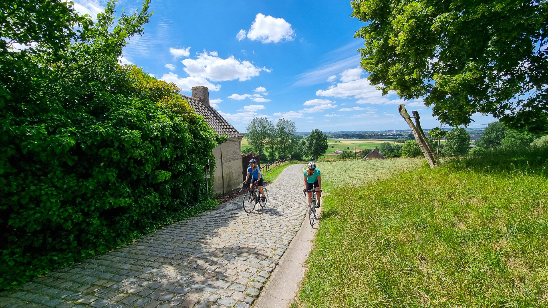 Two cyclistscycling up the Paterberg in Flanders
